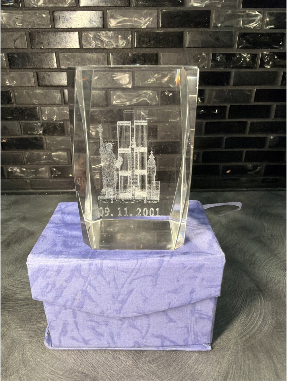 Unusual Glass Paperweight Commemorating 9-11 World Trade Center